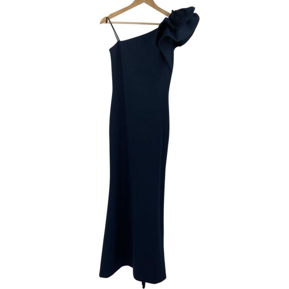 Betsy & Adam Daisy Long Scuba-crepe One-shoulder Gown Blue 4